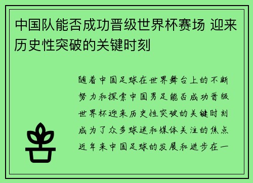 中国队能否成功晋级世界杯赛场 迎来历史性突破的关键时刻