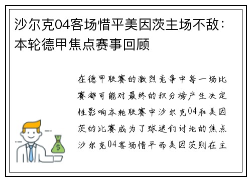 沙尔克04客场惜平美因茨主场不敌：本轮德甲焦点赛事回顾